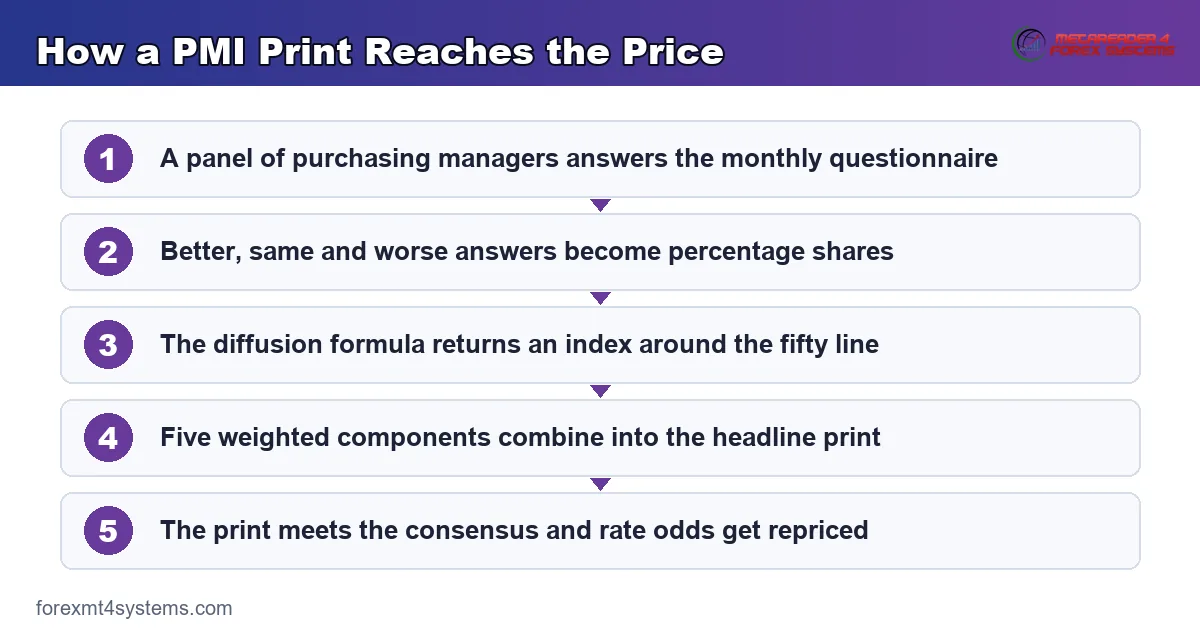 flow diagram tracing how a PMI print reaches the price, from survey panel to repriced rate odds