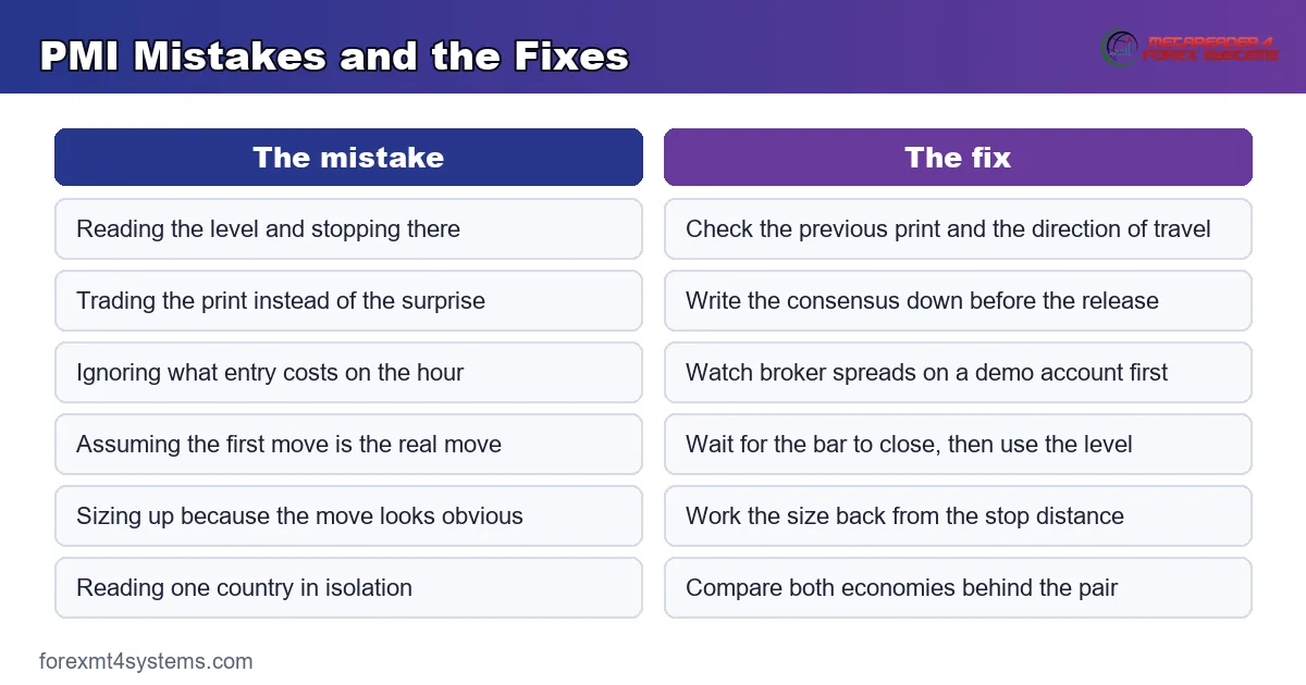 comparison panel pairing six common PMI mistakes with the fix that answers each one