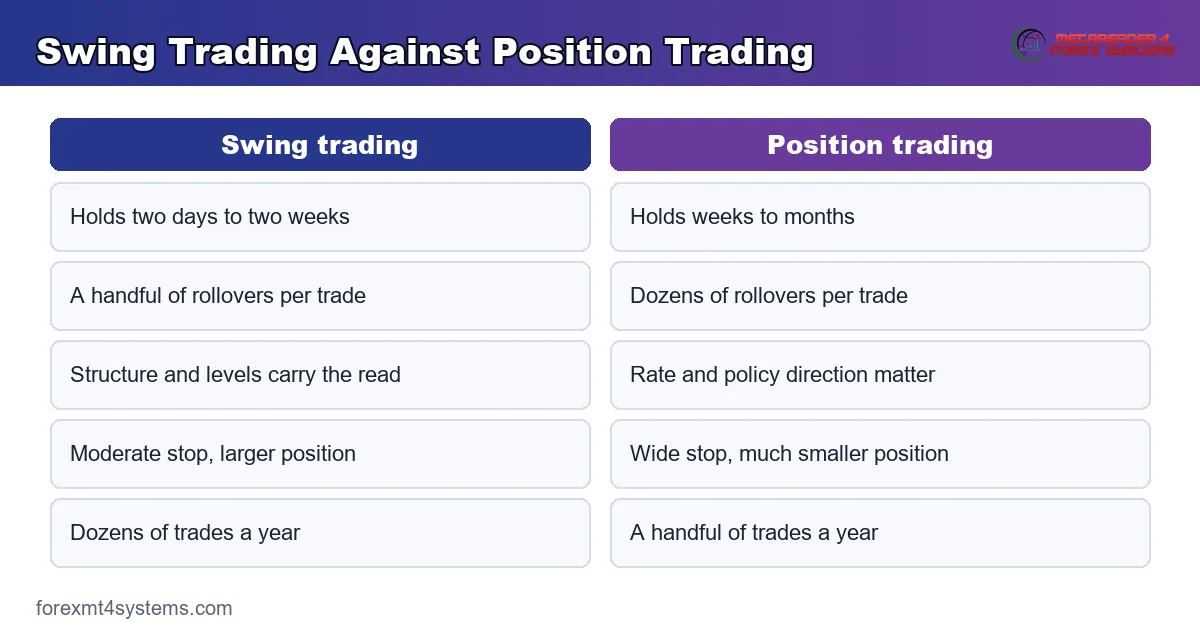 comparison diagram setting swing trading against position trading across five practical dimensions