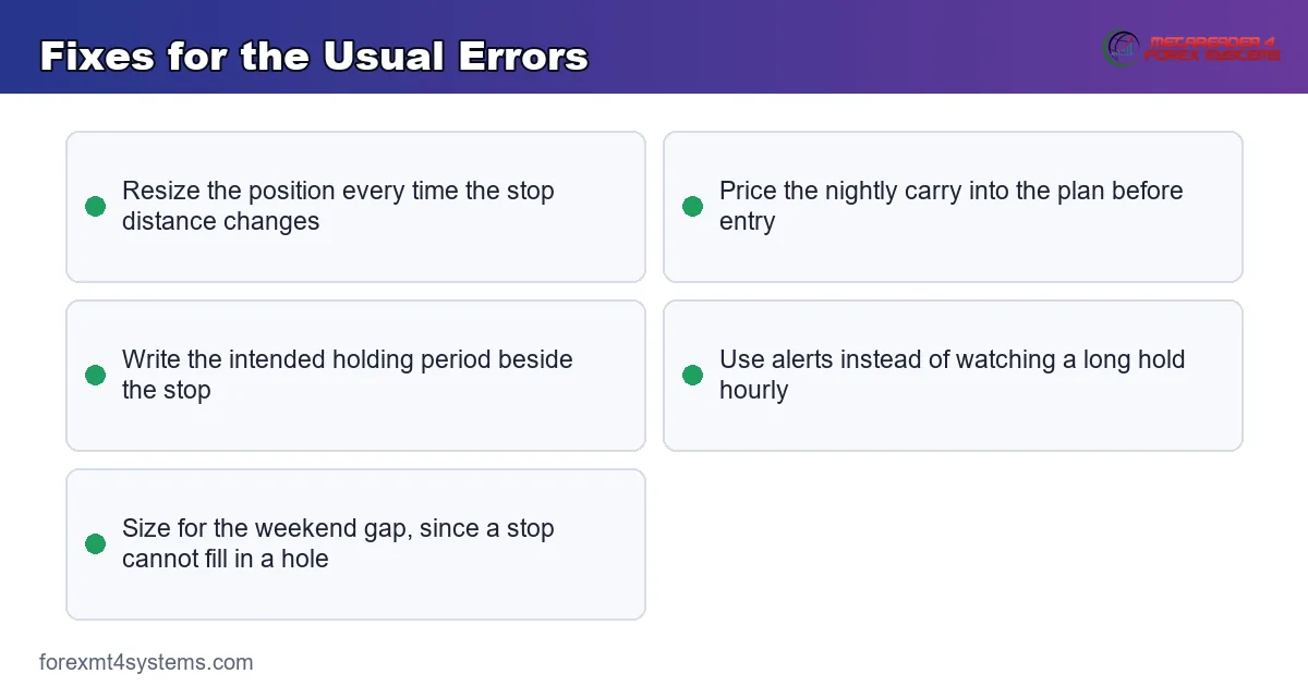 key points panel of fixes for the usual position and swing trading errors, from sizing to weekend gaps