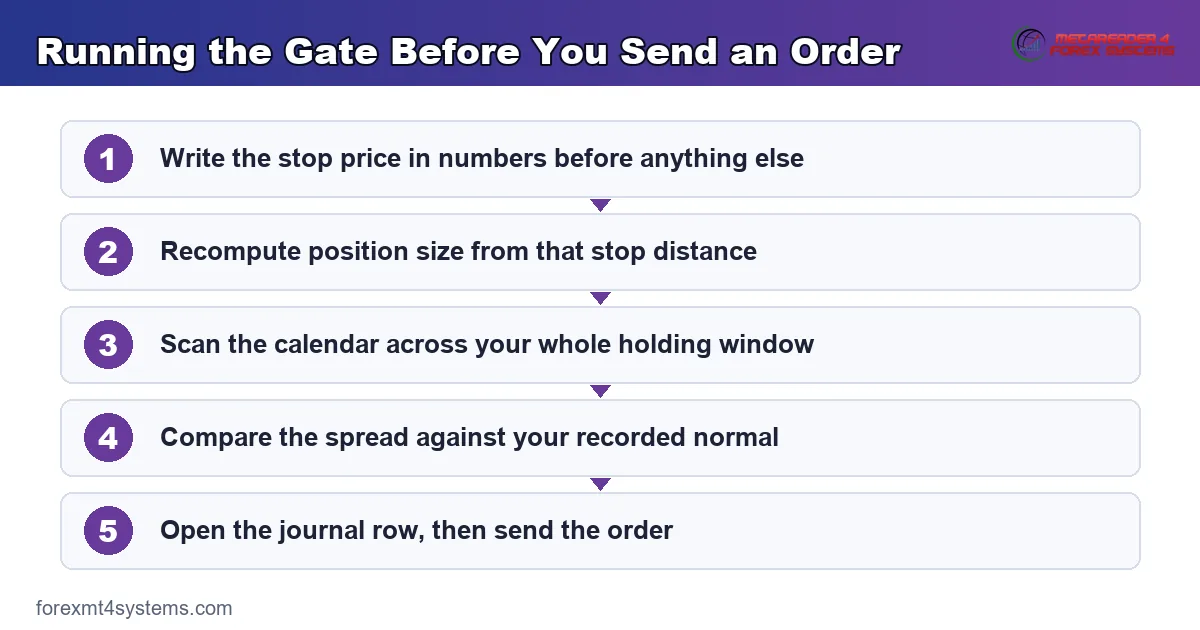 flow diagram of running the gate before an order goes out, from stop price through to the journal row