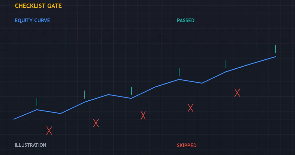 equity curve panel marking which candidate trades cleared the checklist gate and which were skipped