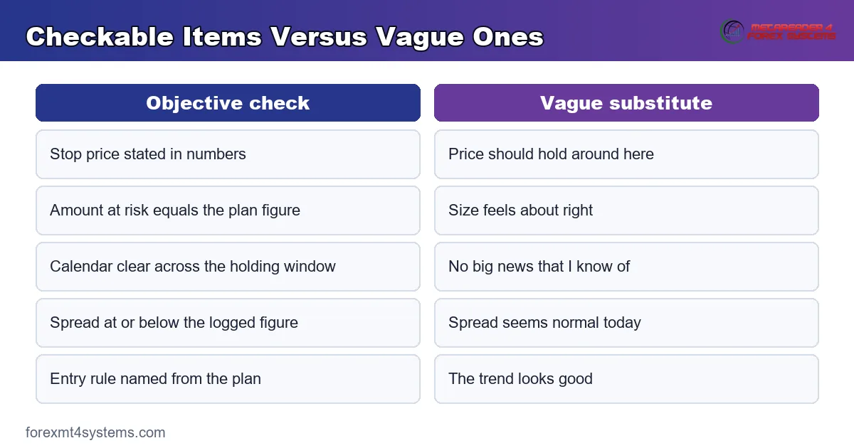 comparison panel setting objective checkable items against the vague substitutes traders write instead