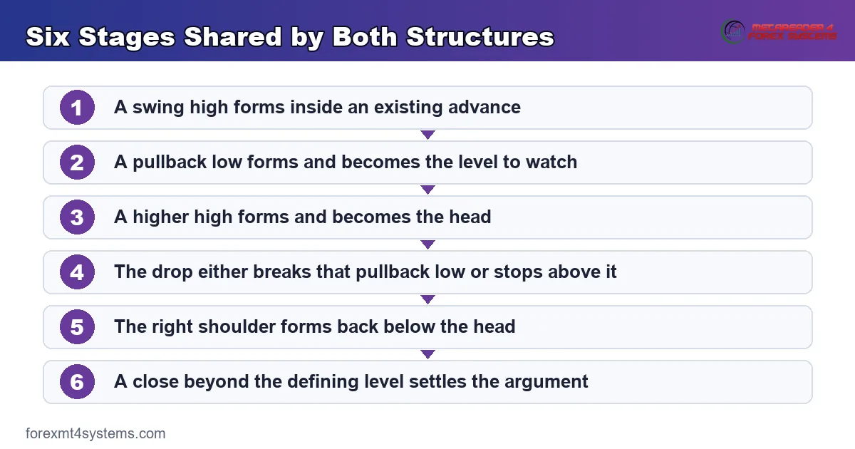 flow diagram of the six stages that separate a quasimodo from a classical head and shoulders