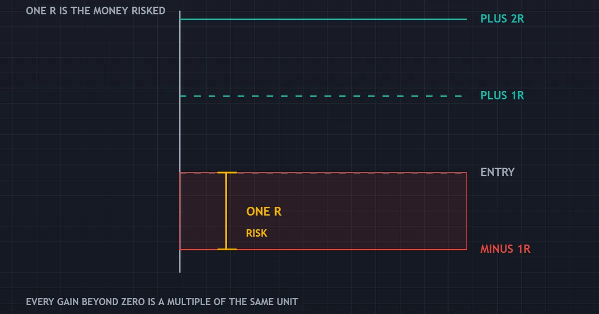 r multiple in trading panel defining one R as the money risked, scaled from minus one R upward