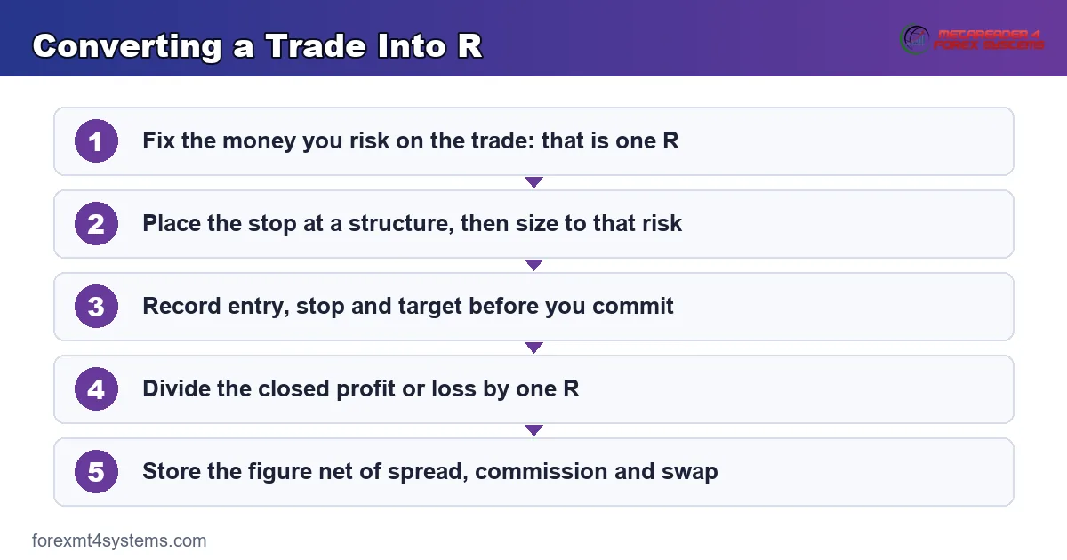 flow diagram of converting a trade into R, from fixing the risk through to storing the net result