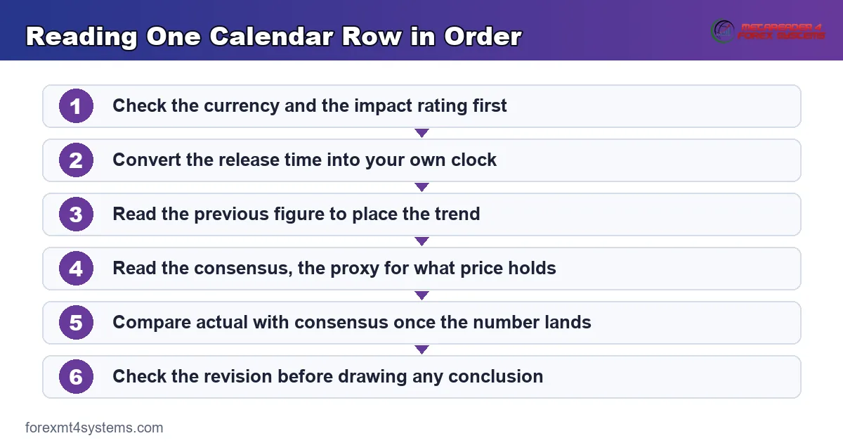 flow diagram for reading one calendar row in order, from impact rating to the revision line