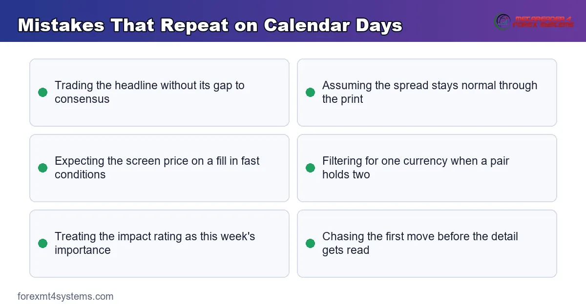 key points panel listing the mistakes that repeat on calendar days, each with its fix