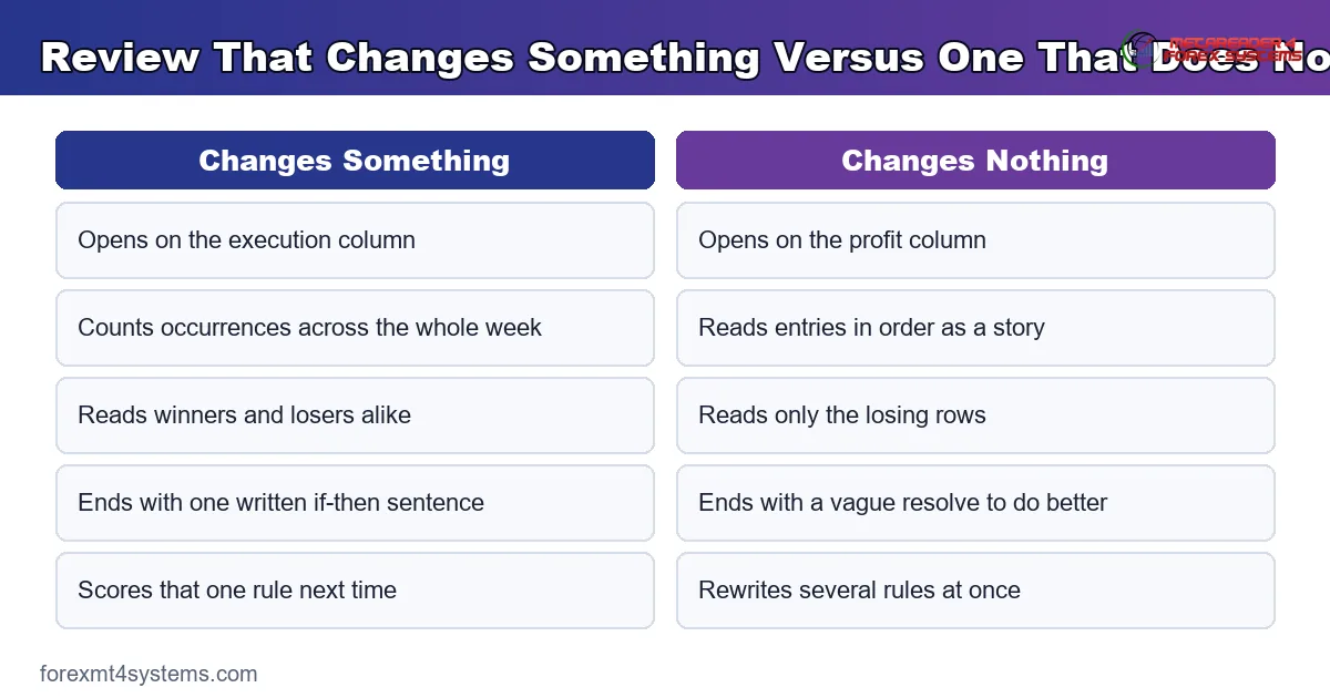 comparison diagram setting a review that changes something against one that changes nothing