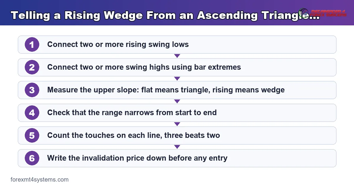 flow diagram for telling a rising wedge from an ascending triangle by measuring the upper line slope
