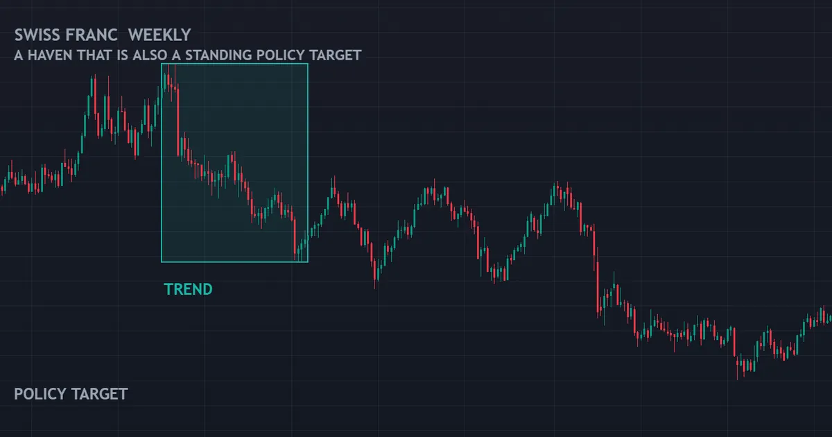 the Swiss franc against the dollar on weekly bars over several years, shaped in part by policy