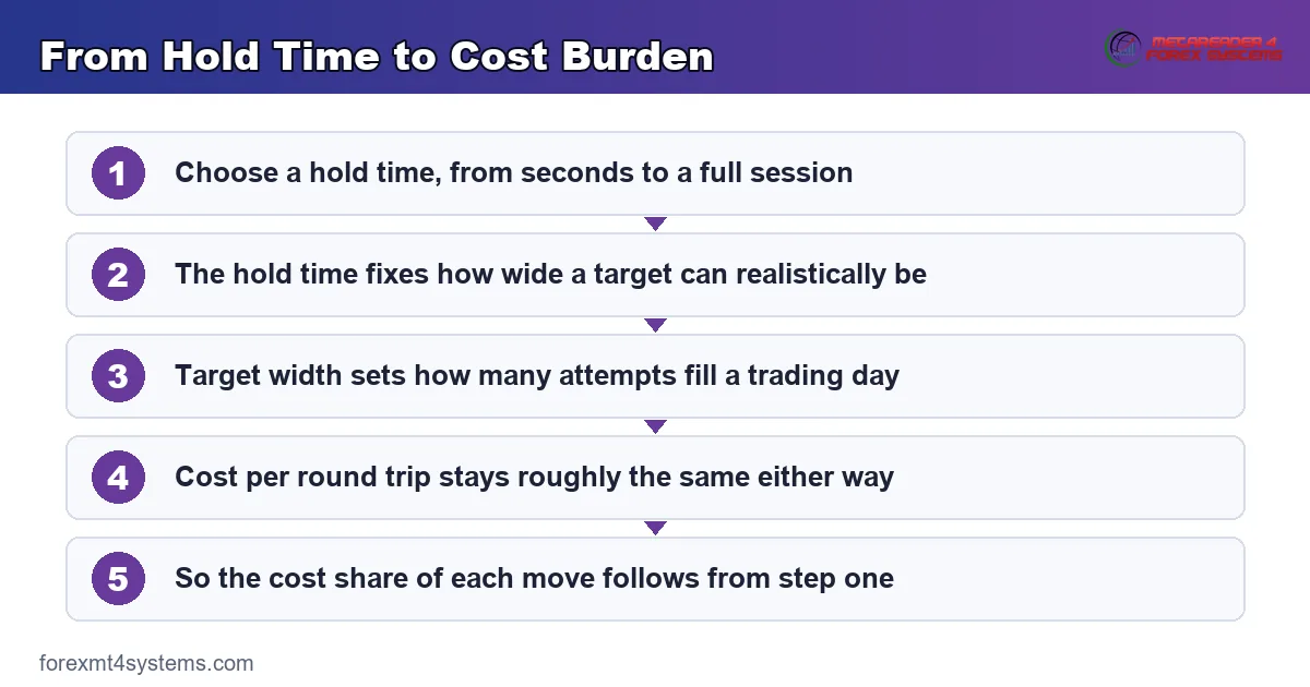 flow diagram tracing how one hold time choice sets target size, trade count and cost burden