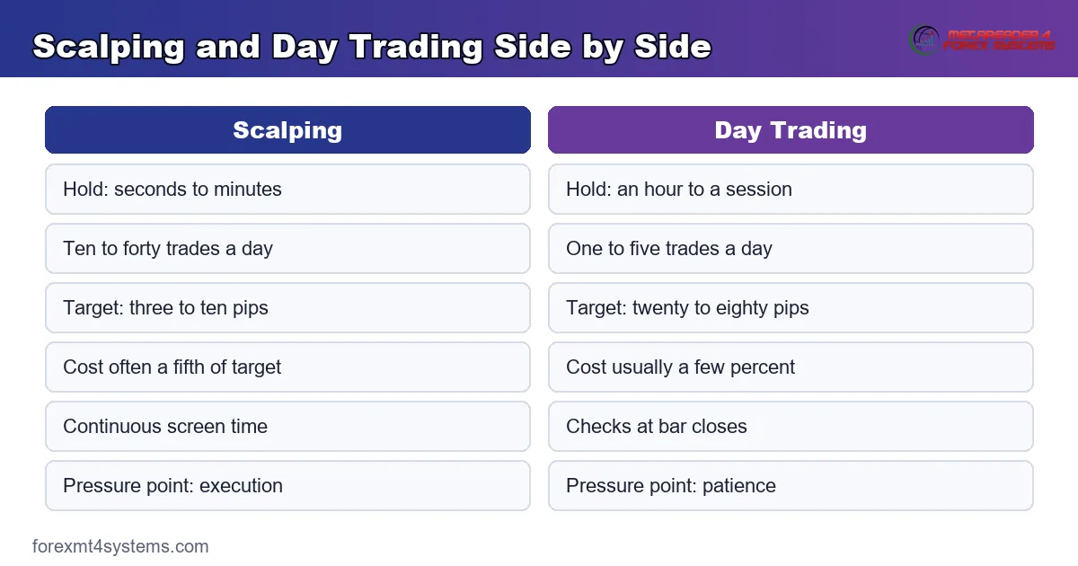 comparison table graphic contrasting scalping and day trading on hold time, trade count and cost