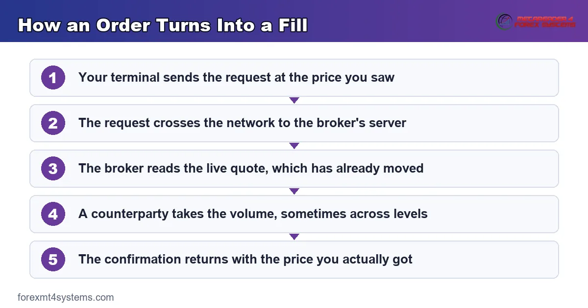 flow diagram showing how an order turns into a fill, from the terminal request to the confirmation