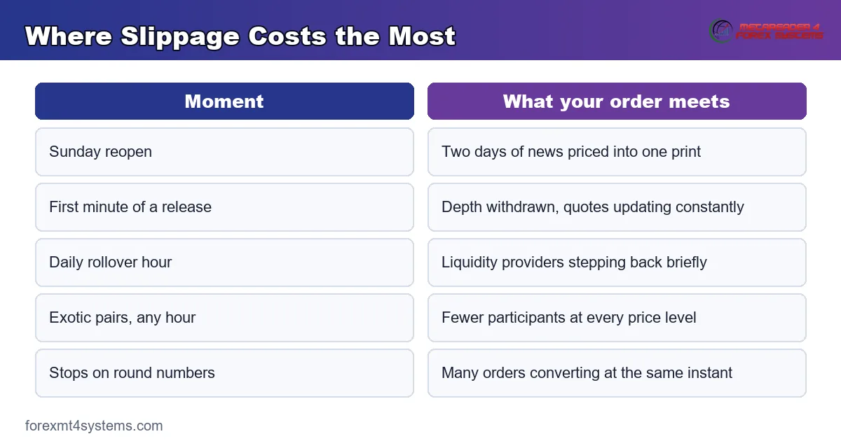 comparison panel showing where slippage costs the most, from the weekend reopen to thin exotic pairs