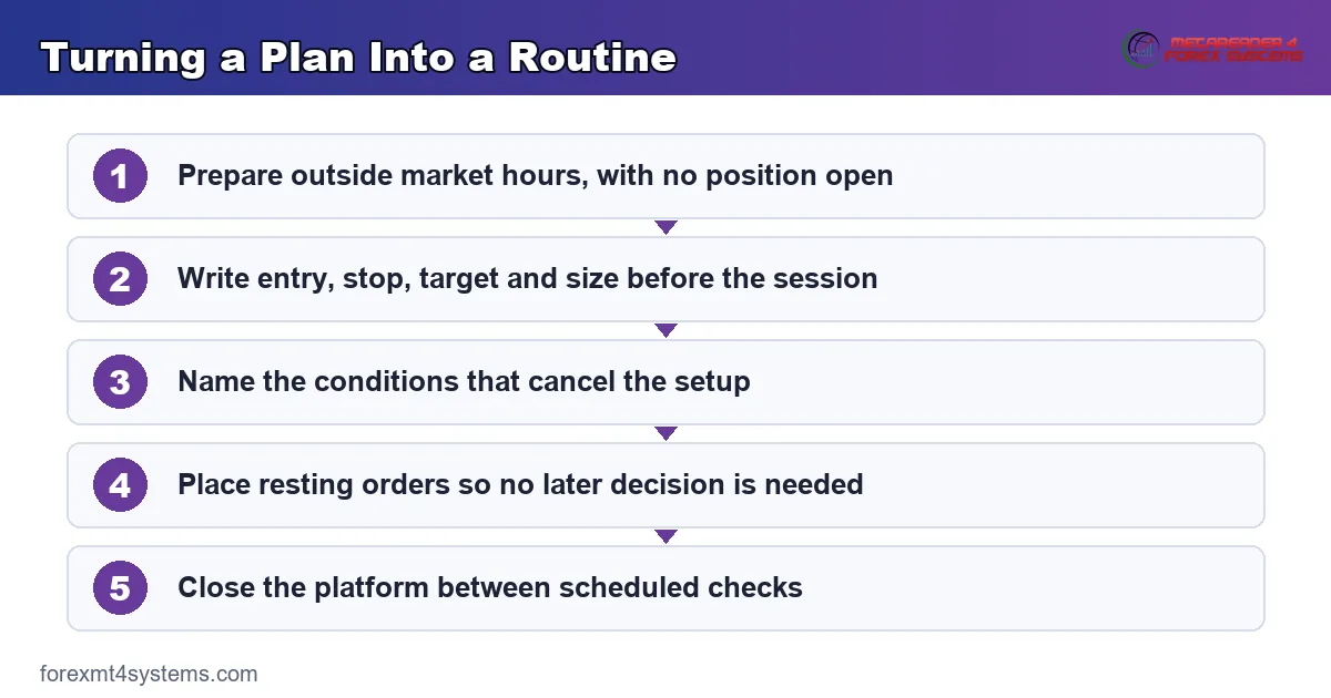 flow diagram showing how a written plan turns into a repeatable pre-session routine