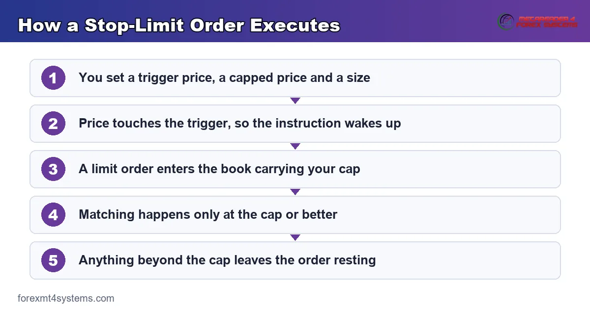 flow diagram showing how a stop-limit order executes from the stop trigger to the limit fill