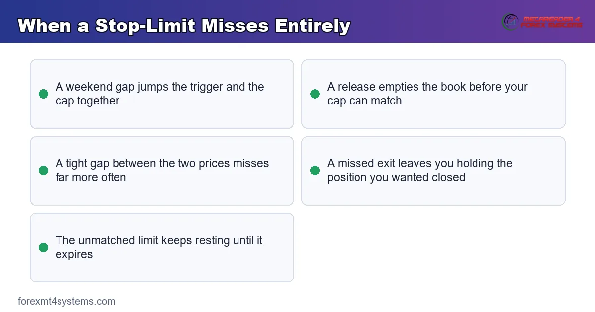 key points panel on when a stop-limit misses entirely and what that miss actually costs you