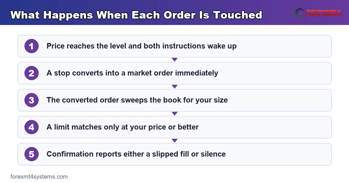 flow diagram of what happens when each order is touched, from trigger through to confirmation