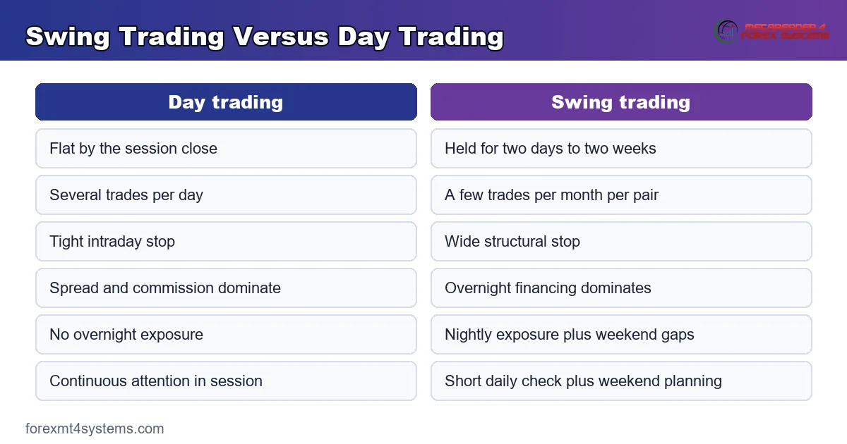 comparison table graphic setting swing trading against day trading across six practical dimensions