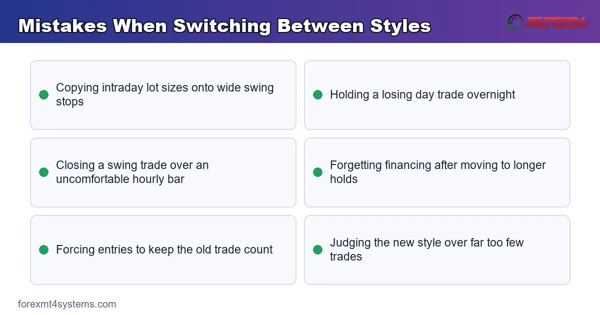 key points graphic listing the mistakes traders make when switching between the two styles