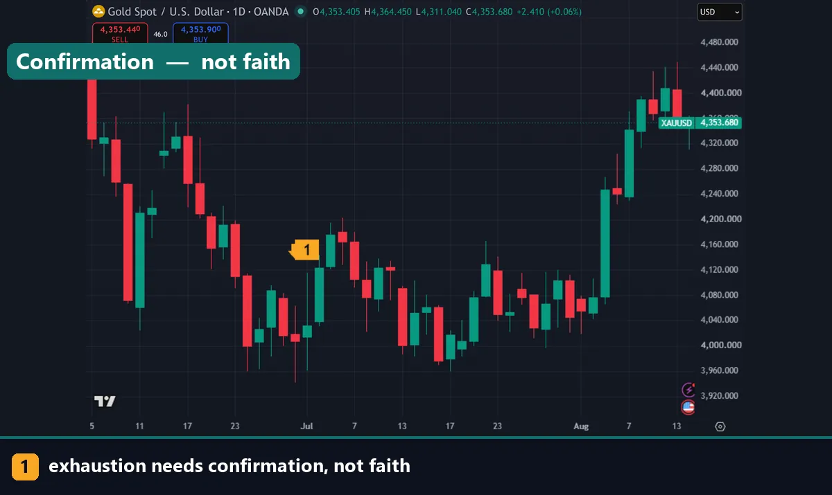 A gold daily chart showing exhaustion that needed confirmation