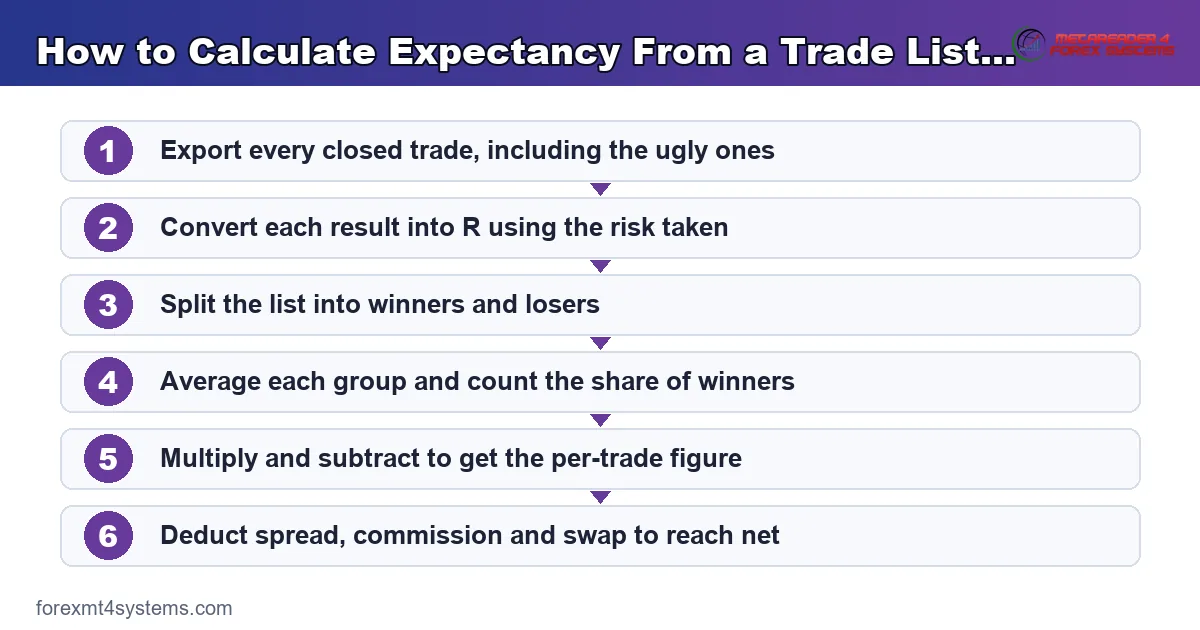 flow diagram showing how to calculate expectancy from a trade list in six ordered steps