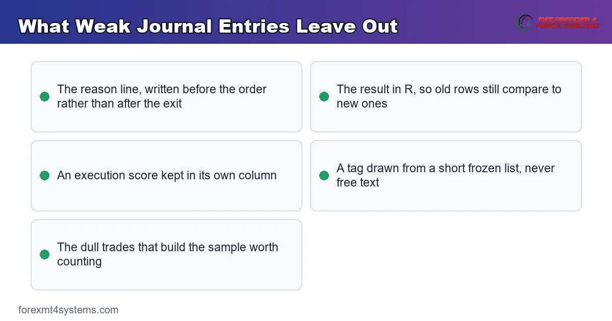 key points panel listing what weak journal entries leave out, from the reason line to the execution score