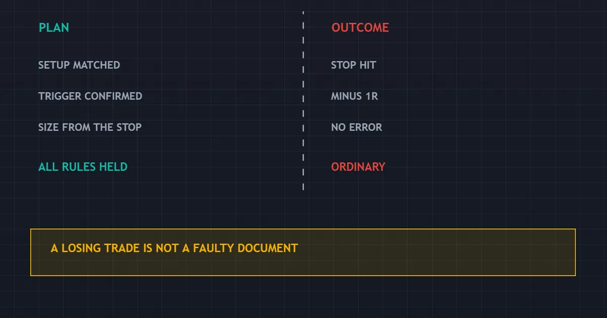 panel setting a followed plan beside its outcome, where every rule held and the trade still lost