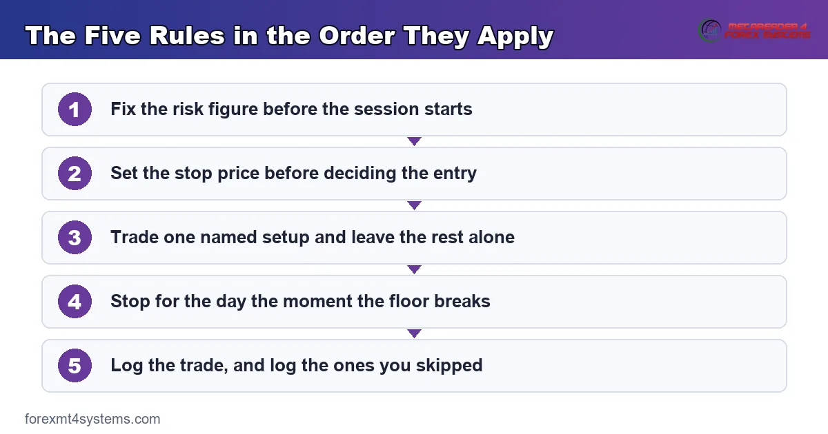 flow diagram of the five rules in the order they apply, from the risk figure through to the log