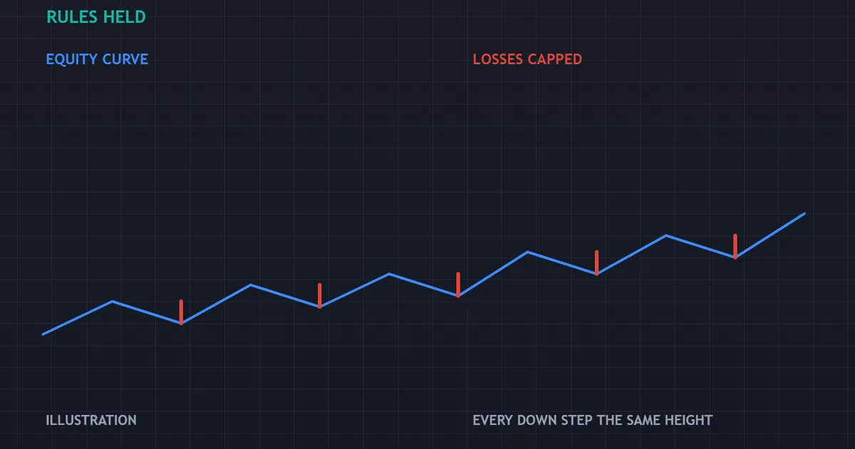 equity curve panel for an account where the five rules held and every loss stayed the same size