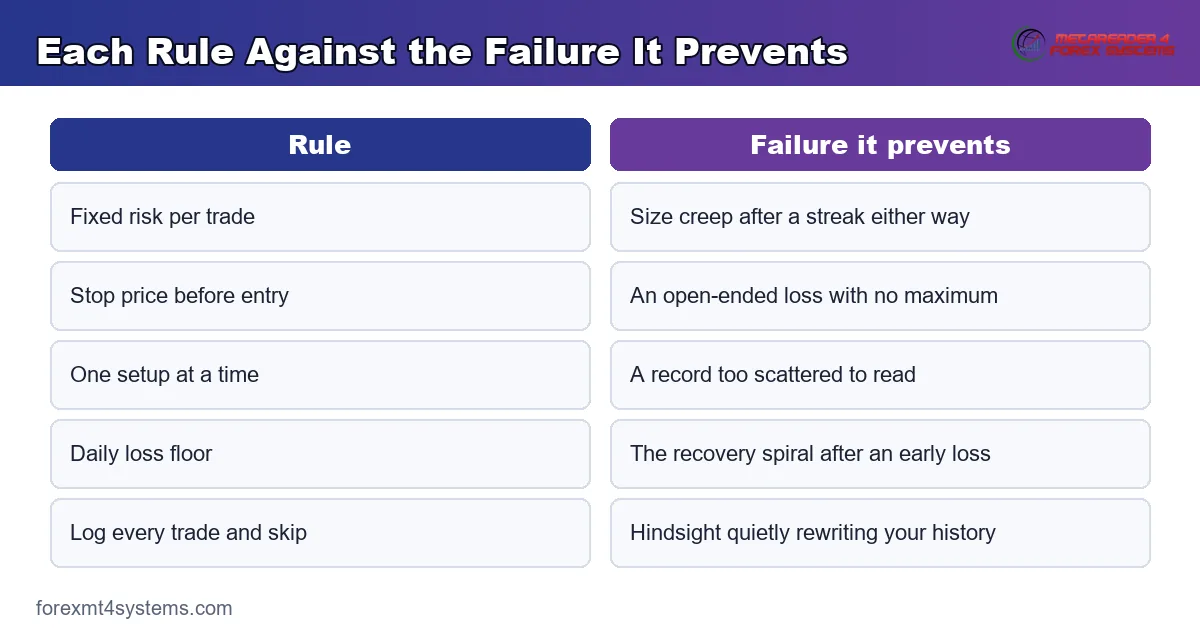comparison panel setting each rule against the specific failure it exists to prevent