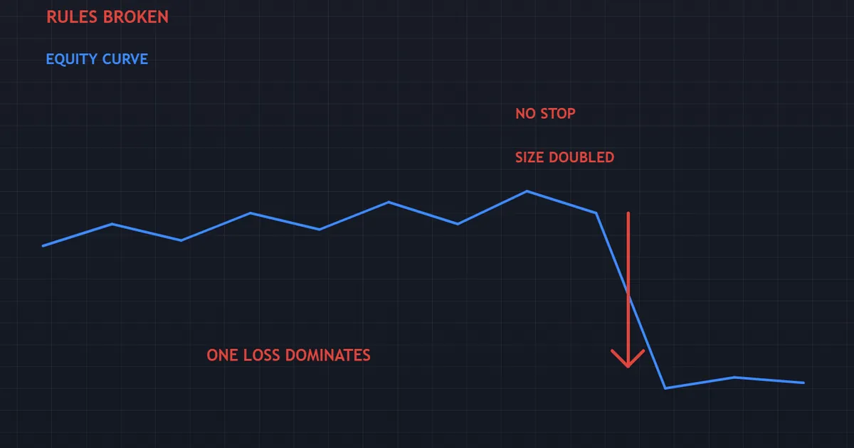 equity curve panel where the rules broke and a single outsized loss dominates the whole line