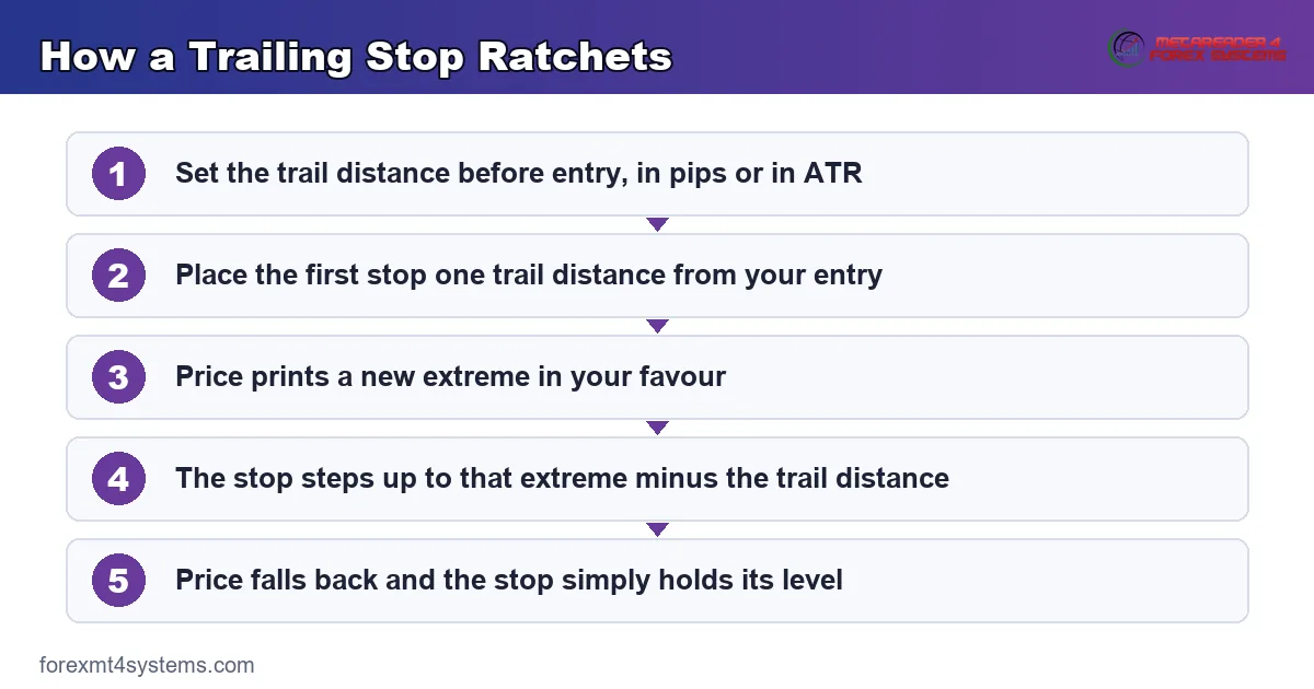 flow diagram showing how a trailing stop ratchets up behind price and never steps back down
