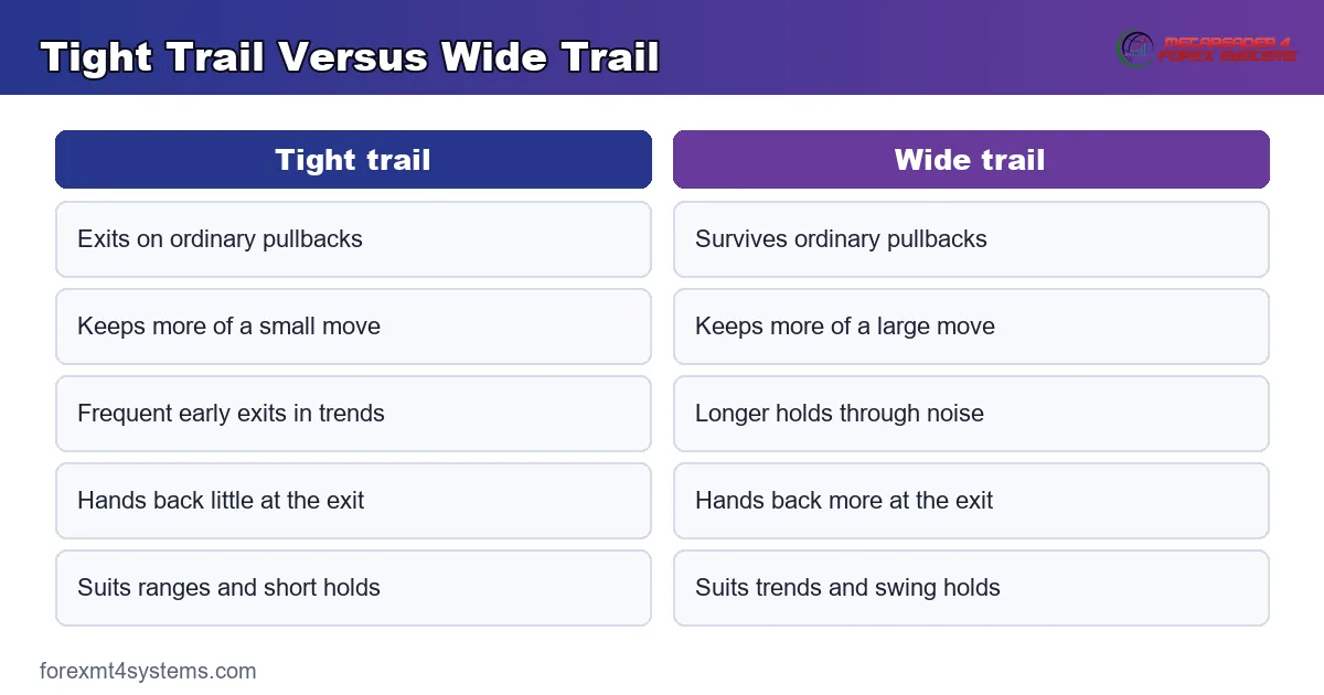 comparison table graphic weighing a tight trail against a wide trail on the same position