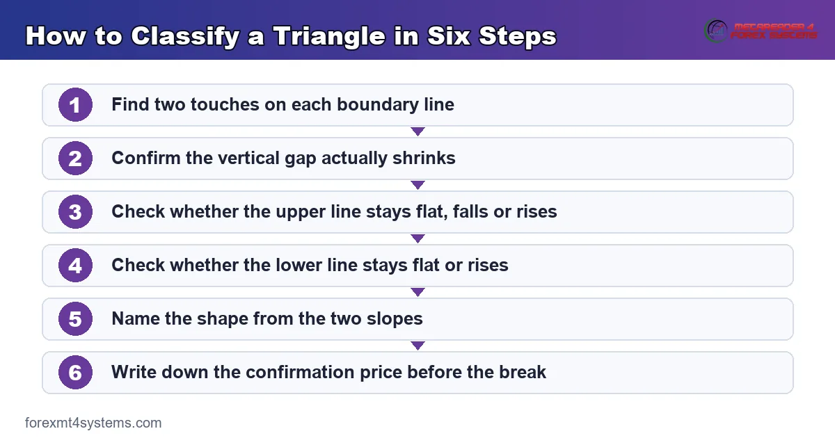 flow diagram of the six steps used to classify a triangle from its two boundary lines
