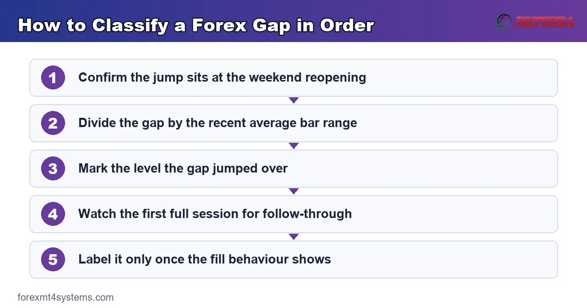 flow diagram showing how to classify a forex gap in order, from the weekend open to the label