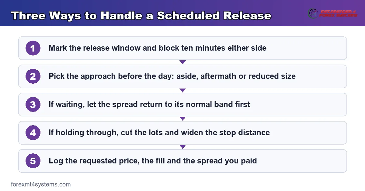 flow diagram of three ways to handle a scheduled release, from calendar check to logging the fill