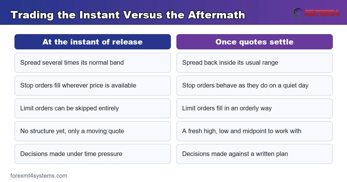 comparison table graphic contrasting trading the instant of a release with trading the aftermath