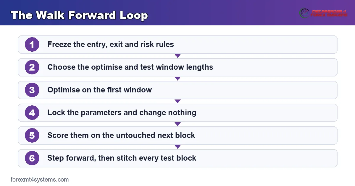 flow diagram of the walk forward loop, from freezing the rules to stitching the out-of-sample record