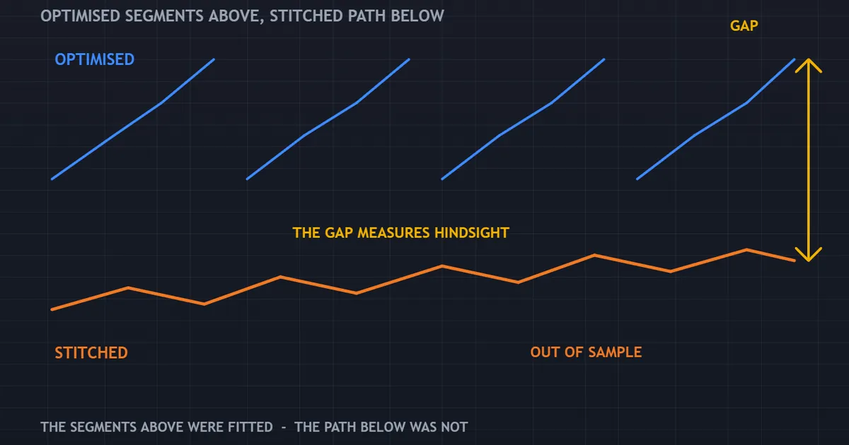 panel comparing optimised segments across the top with a stitched out-of-sample path sitting lower below them