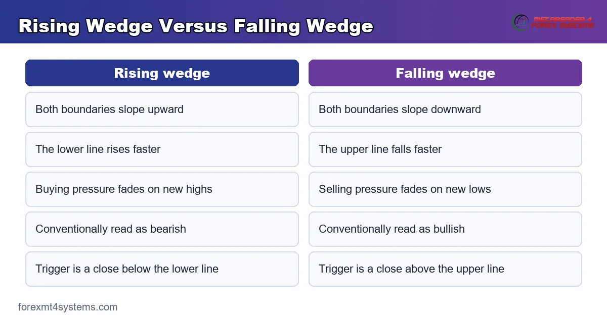 comparison graphic setting a rising wedge against a falling wedge boundary by boundary