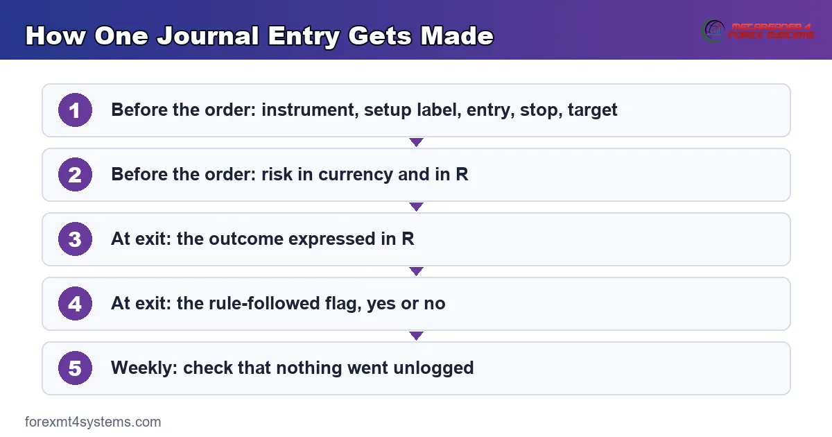 flow diagram of how one journal entry gets made, from the pre-trade fields through to the rule flag