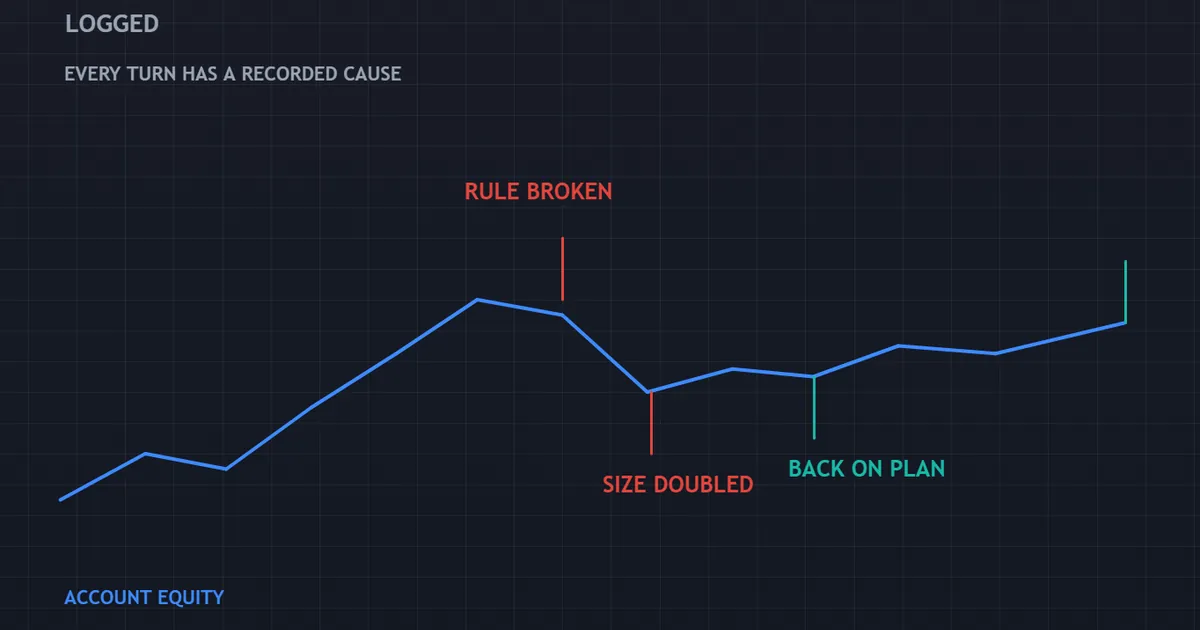 equity curve marked with journal notes showing where a run of results actually came from
