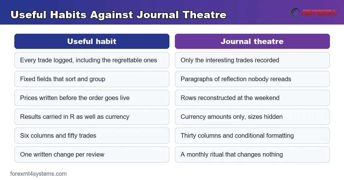 comparison panel setting useful journal habits against journal theatre that records nothing usable