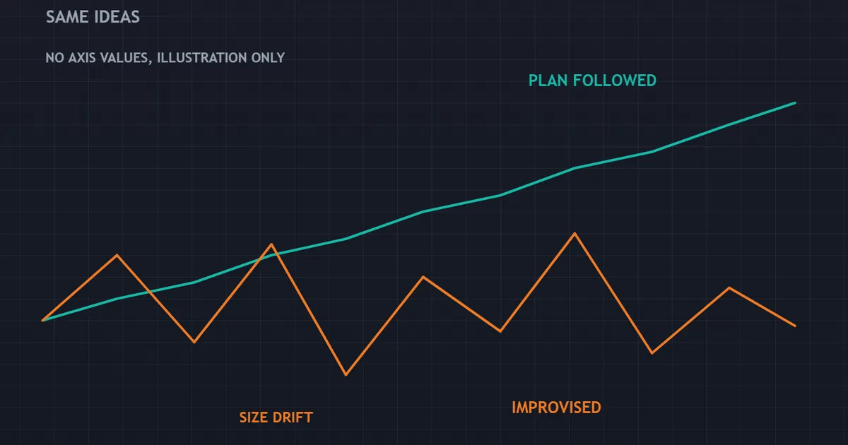 two equity curves from one method, one traded to a written standard and one improvised