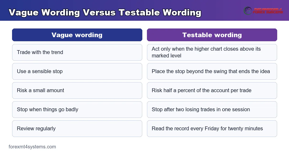 comparison table putting vague plan wording beside the testable version of the same rule