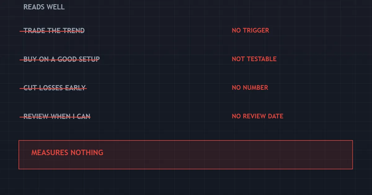 concept panel showing a plan too vague to test, with no trigger event and no review date