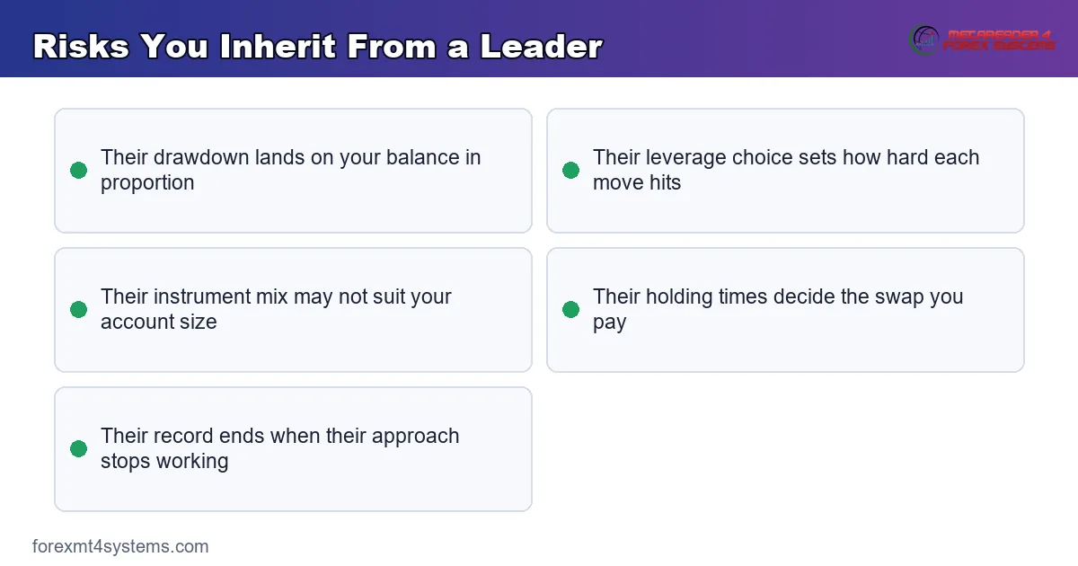 key points panel listing the risks you inherit from a leader, from their drawdown to their leverage
