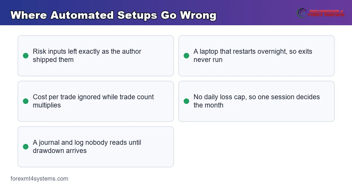 key points panel listing where automated setups go wrong, from default risk settings to unread logs